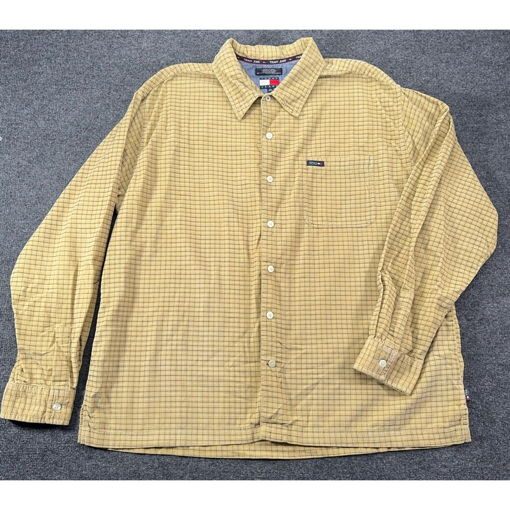 Tommy Jeans‎ Mens XL Corduroy Button Down Shirt Yellow Plaid Tattersall Check XL